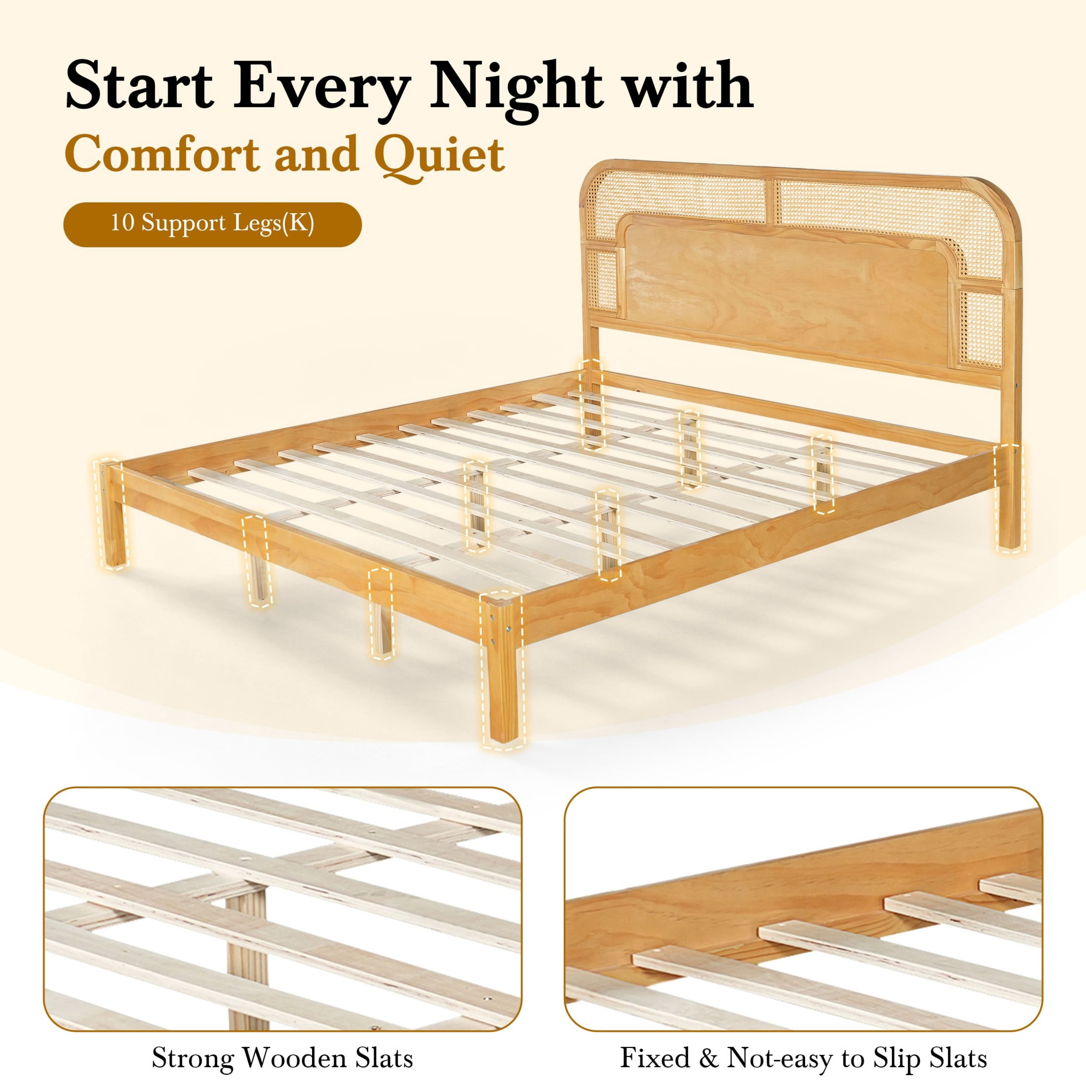 Christopher Knight Home Bohemian King Platform Bed with Rattan Headboard, Solid Wood Frame, Oak