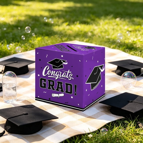 Rijanmt Class of 2026 Graduation Card Box Holder,Congrats Grad Foldable Cardboard Decorative Box for Cards Photos Cash Gifts Keepsake Storage,for Graduation Party Decoration and Grad Parties,Purple
