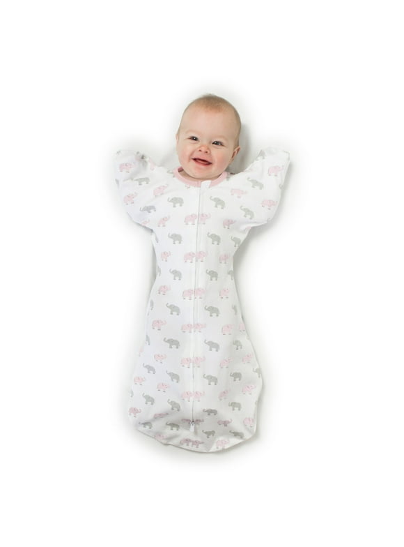 Amazing Baby Transitional Swaddle Sack with Arms Up Half-Length Sleeves and Mitten Cuffs, Better Sleep for Baby Girl, Tiny Elephants, Pink, Small, 0-3 Mo, 6-14 lbs