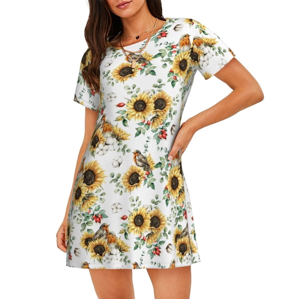 Easygdp Sunflowers Leaves And Birds Camisón de manga corta para mujer, informal, estampado