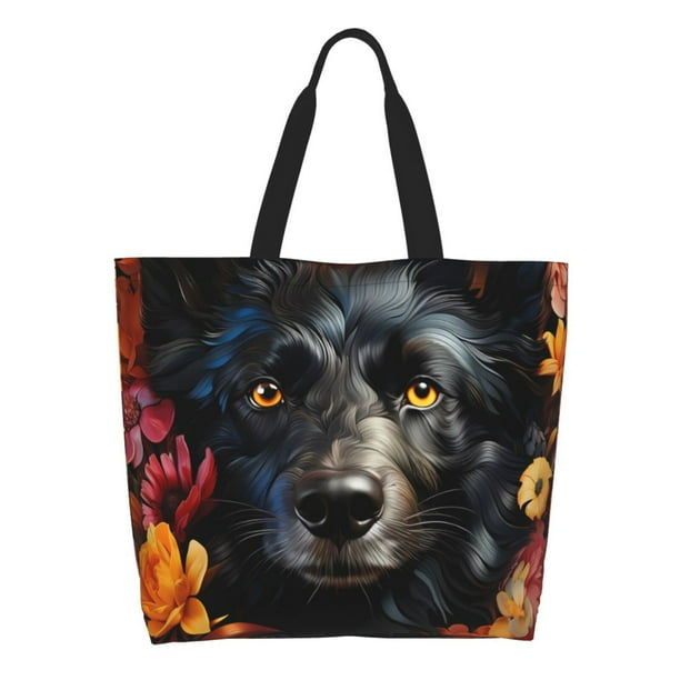 Fotbe Colorful Floral Black Dog Bolsa Tote Estética de Lona con Estampado para Mujer - Bolsa Reutilizable de Hombro Casual para Vacaciones, Compras, Trabajo y Gimnasio