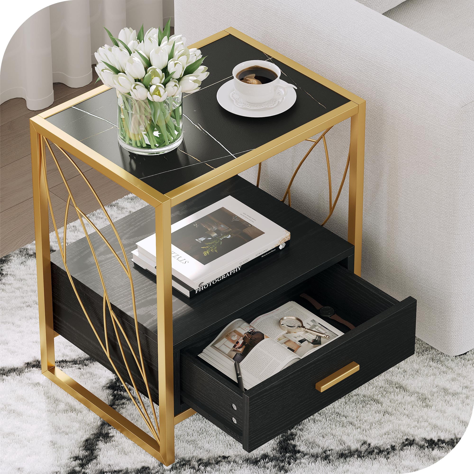 Dextrus End Table with Drawer and Storage Shelf, Modern Nightstand Table Sofa Side Table with Sintered Stone Tabletop and Metal Leaf Shaped Frame for Living Room, Bedroom, Black and Gold