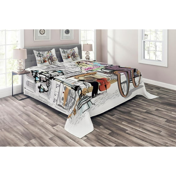 Ambesonne Paris Quilted Coverlet 3 Pcs, Lady Rides Bicycle Roses Art, King Size, Multicolor