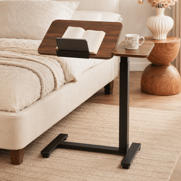 HOMEMAZ Mobile Standing Desk with Wheels, Pneumatic Height Adjustable Rolling Laptop Desk, 0-60° Tilt-Top Overbed Table for Home Office, black