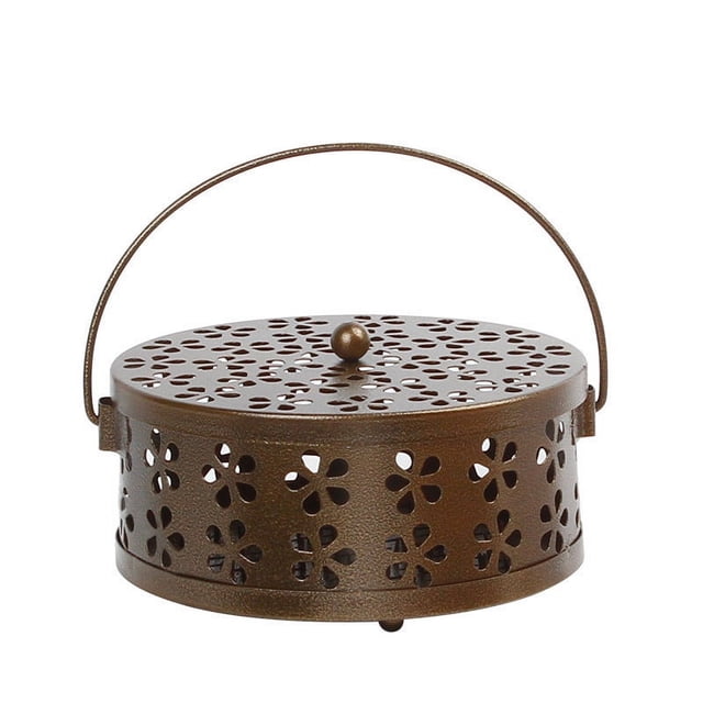 Soporte de bobina de mosquito de hierro portátil retro con asa Soporte de incienso ignífugo redondo (Bronce)