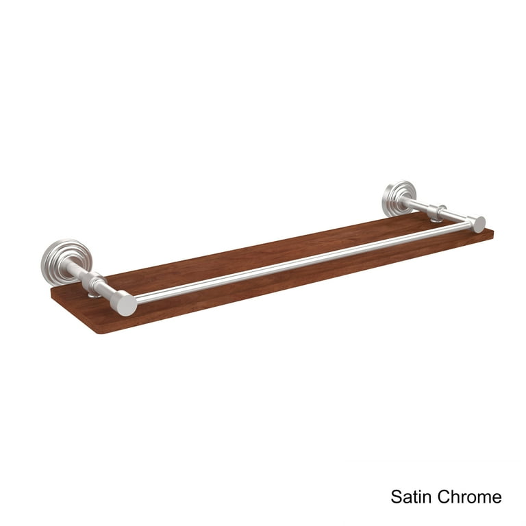 Waverly Place 22 in. L x 3 in. H x 5 in. W Clear Glass Bathroom Shelf with Gallery Rail in Satin Nickel Waverly Place 22 in. L x 3 in. H x 5 in. W Clear Glass Bathroom Shelf with Gallery Rail in Satin Nickel
