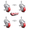 thumbnail image 2 of 3 Inch Red Polyurethane Swivel 3/8 Inch Threaded Stem Caster Set with Brake, 2 of 2