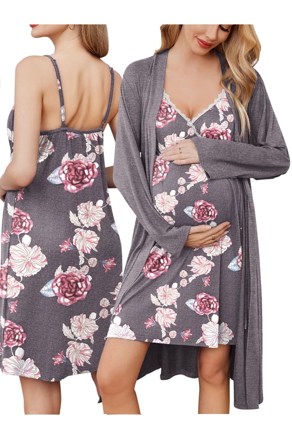 Women Maternity Robe and Nursing Nightgown Sets for Hospitable Breastfeeding 3 in 1 Labor Delivery Nursing Dress Gown Bathrobe