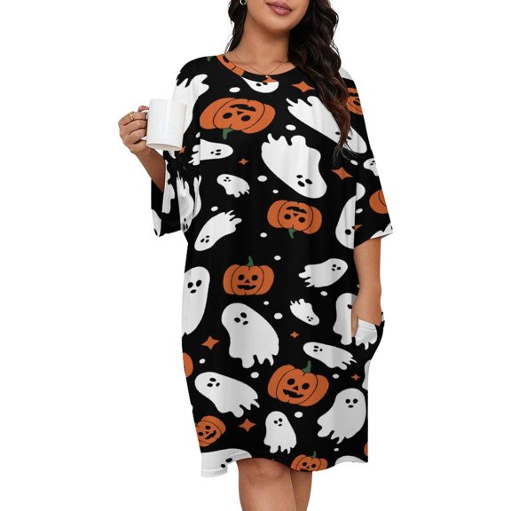 Black Halloween Background with Pumpkin Sleepshirts For Sleeping Travels Loose Sleepdress Pajama Dress Soft Nightdress Sleepwear