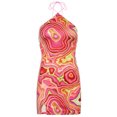 thumbnail image 2 of Rojo L 2021 Moda de verano Nueva falda corta con estampado de remolinos y cuello halter sin espalda para mujer, 2 of 8