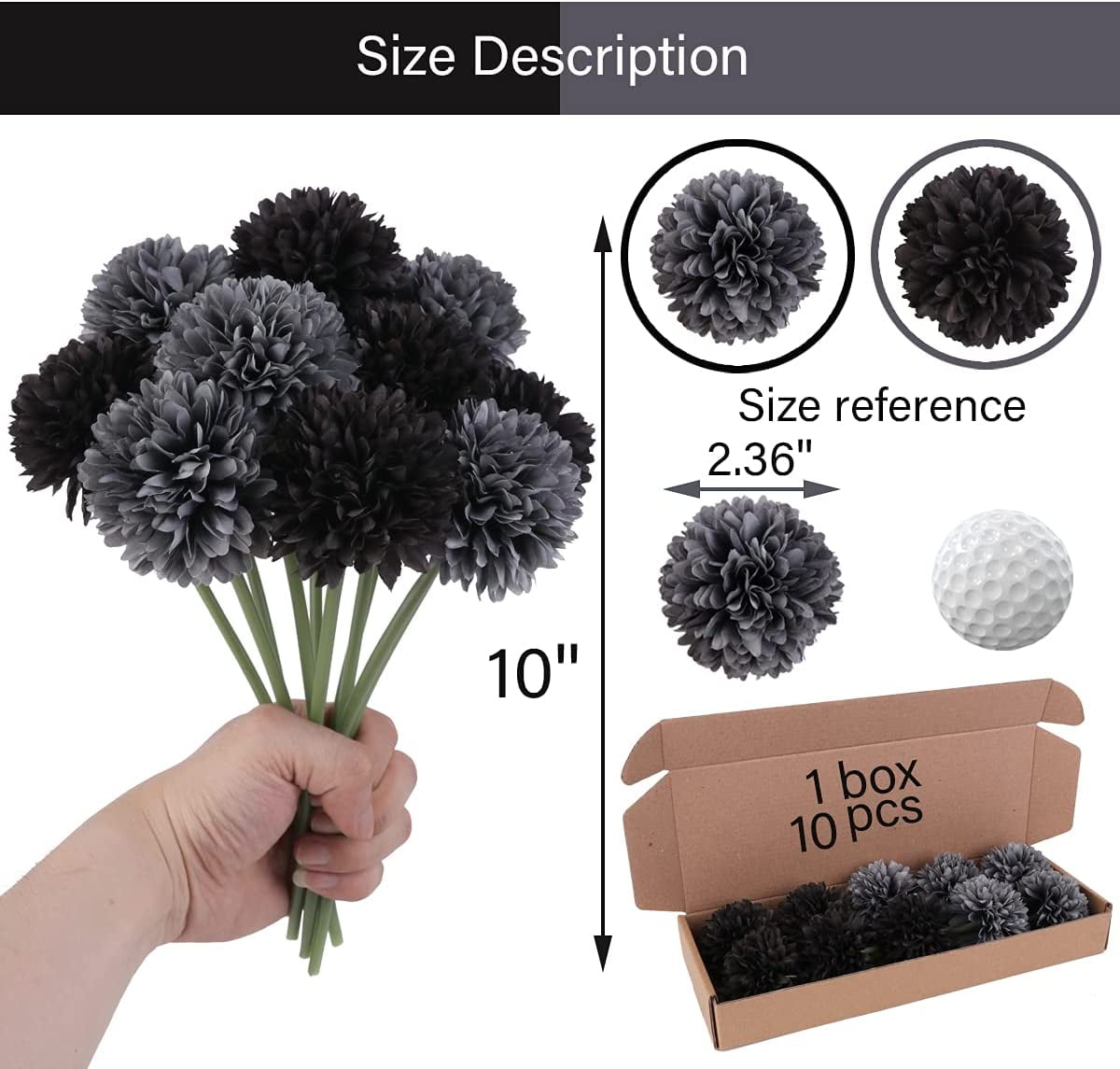 10 Pcs Black Grey Artificial Chrysanthemum Flower Balls Silk Fake Flowers for Indoor Outdoor Decor Wedding Spring New Year Home Kitchen Party Decorations
