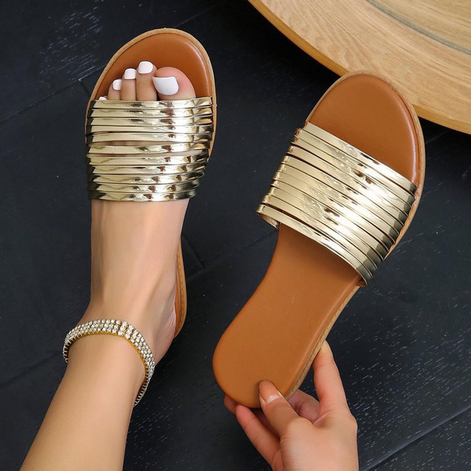 Voncos Women's Slippers Sale- Flat Ladies Beach Sandals Summer Non-Slip Causal Clearance Shoes Gold 6.5 - Walmart.com