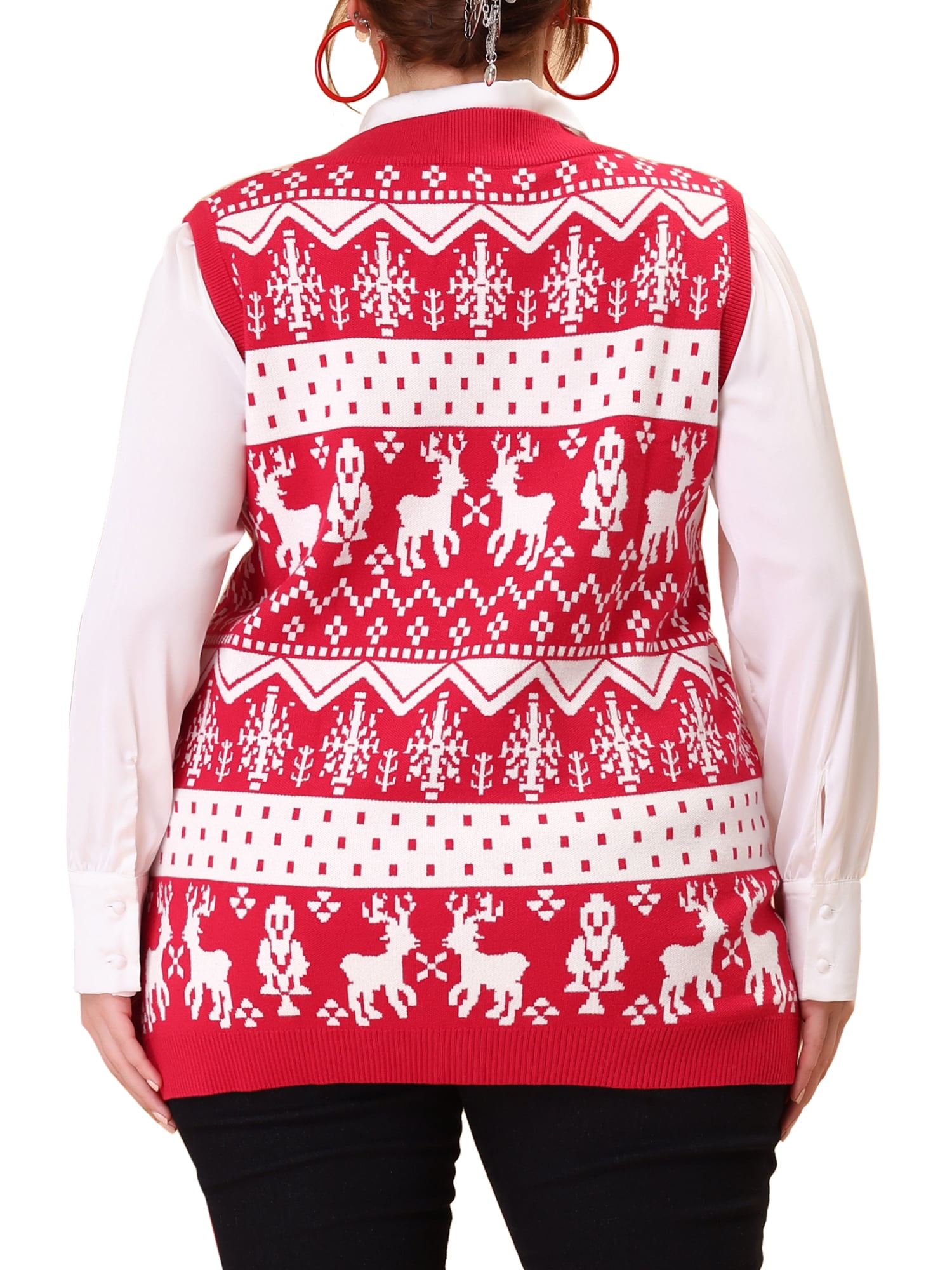 Unique Bargains Juniors' Plus Size Houndstooth Vest V Neck Loose Knitted Sweaters 2X Red