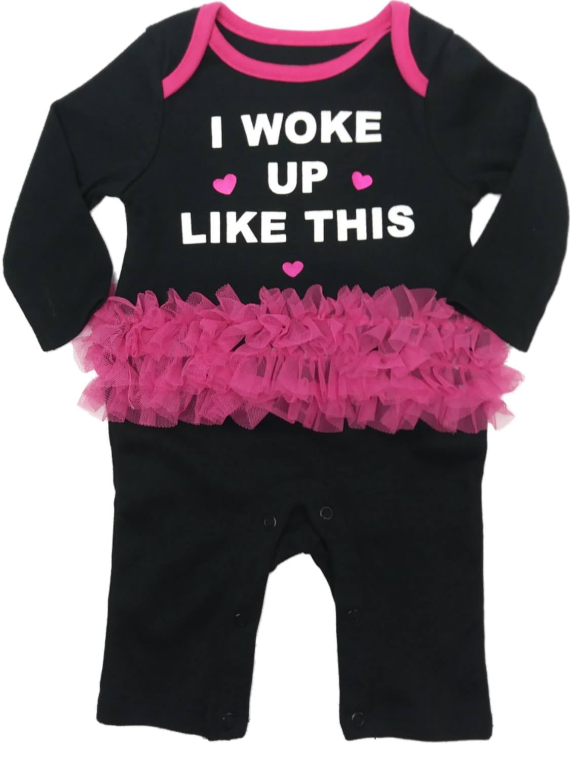Freshly Squeezed Infant Baby Girls I Woke Up Like This Black & Pink Ruffle Coverall Outfit