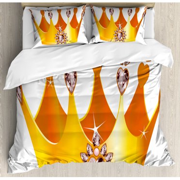 Queen Duvet Cover Set King Size, Tiara Cartoon Style Princess Accessory Hearts Floral Details Fairytale Character, Decorative 3 Piece Bedding Set with 2 Pillow Shams, Multicolor, by Ambesonne
