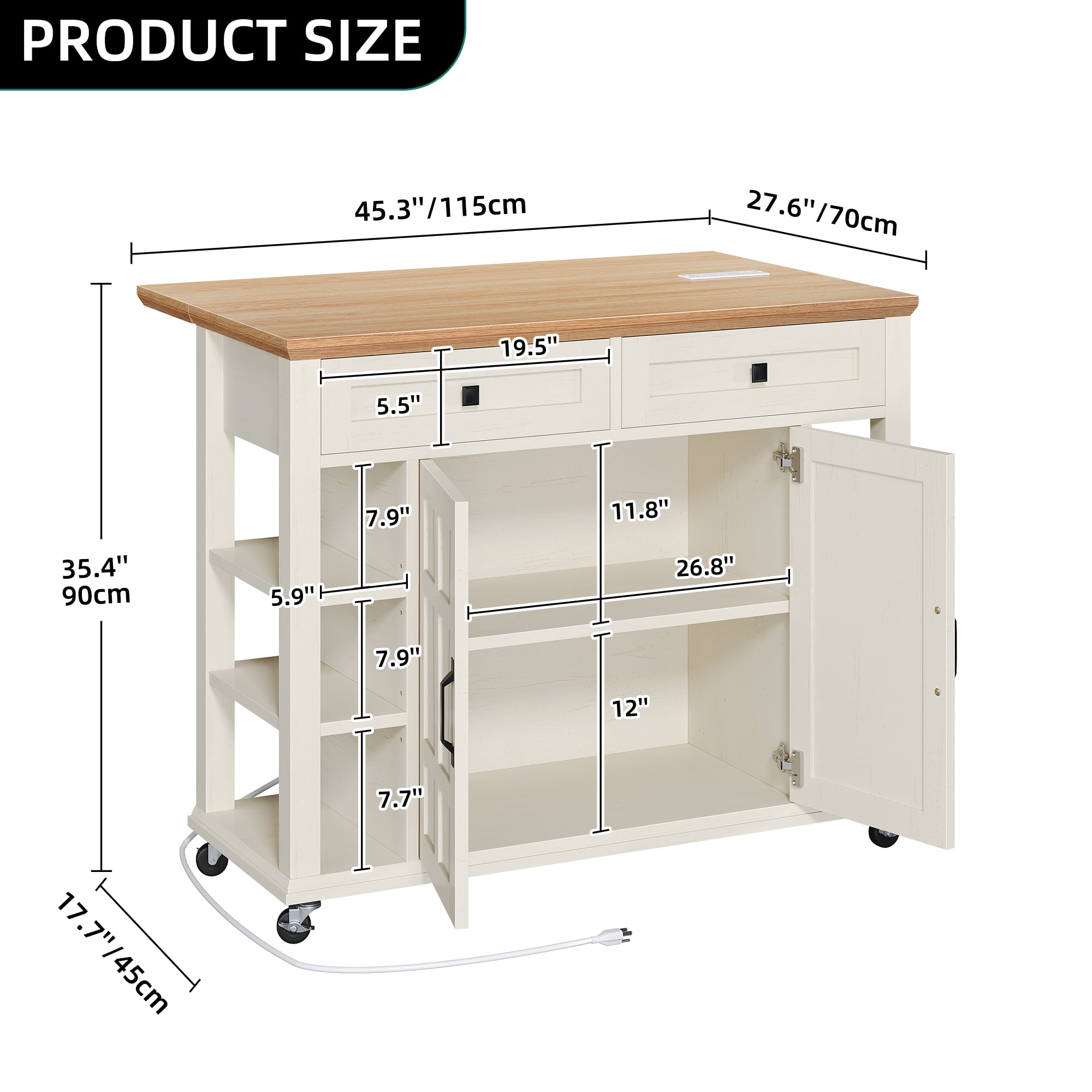 DWVO Kitchen Storage Cart with Power Outlets, Rolling Kitchen Island with Storage Shelves and Drawers, off-White