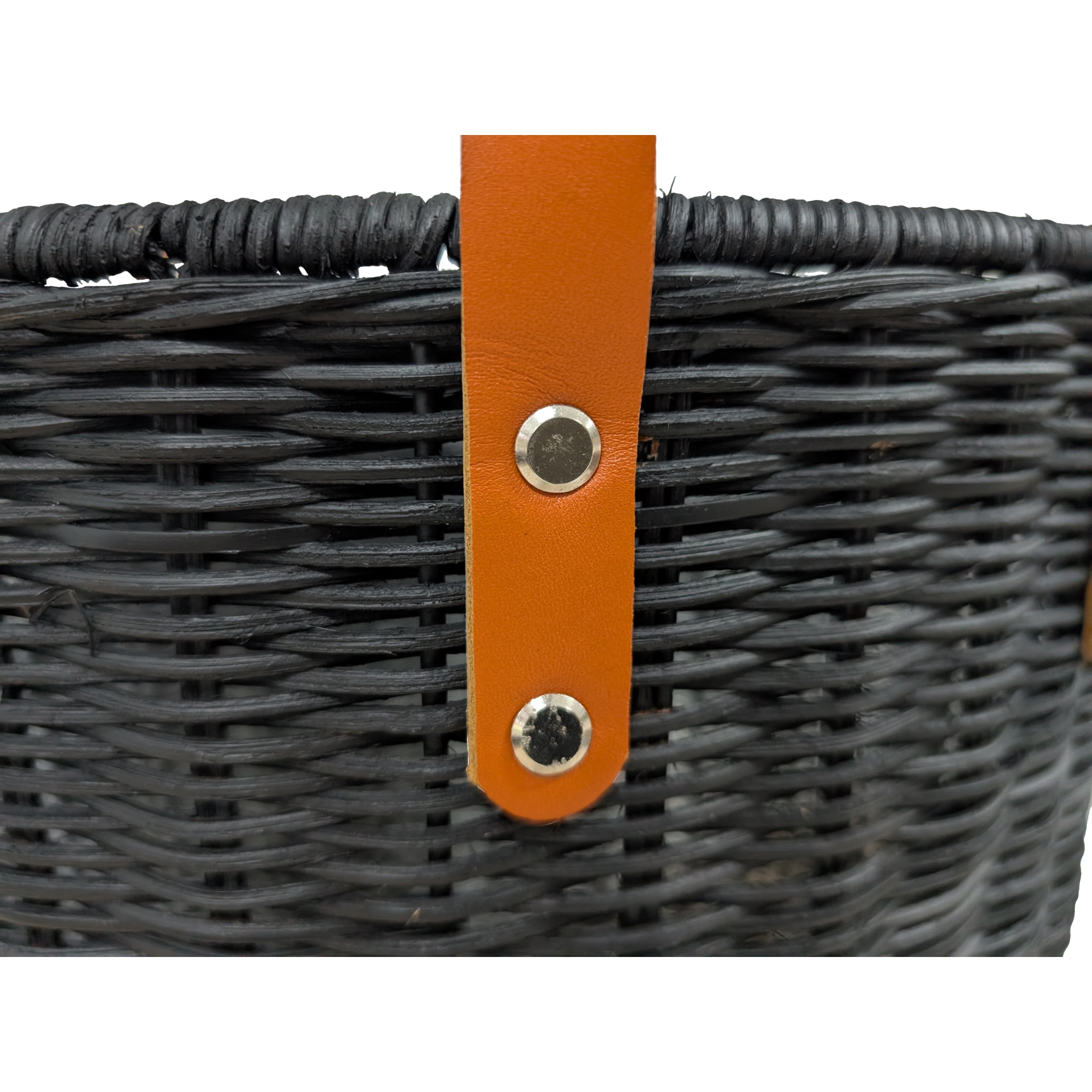 DecMode 16" x 20" Black Rattan Handmade Woven Storage Basket with Brown Leather Handles, 1-Piece
