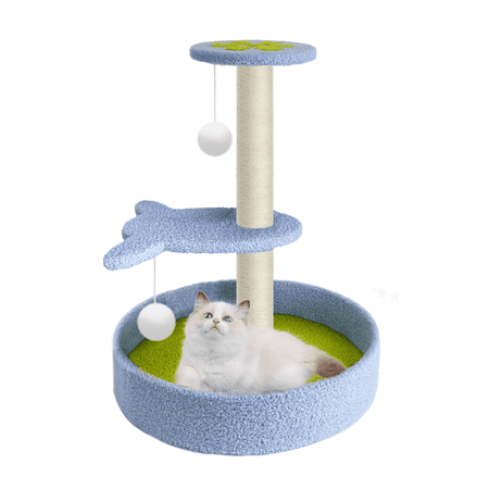 18.5 inch Small Cat Tree Tower with Sisal Scratching Post Cozy Perch, Fleece Lounge Bed with Hanging Ball,Blue
