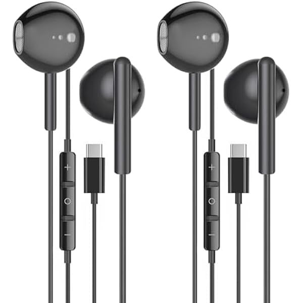 wonima11 2 Pack of USB C Headphones for iPhone 16/16 Pro/16 Plus/16 Pro Max/15/15 Plus/15 Pro/15 Pro Max,Black USB Type C Earphones HiFi Stere, Black Wired Earbuds with Microphone & Volume Control