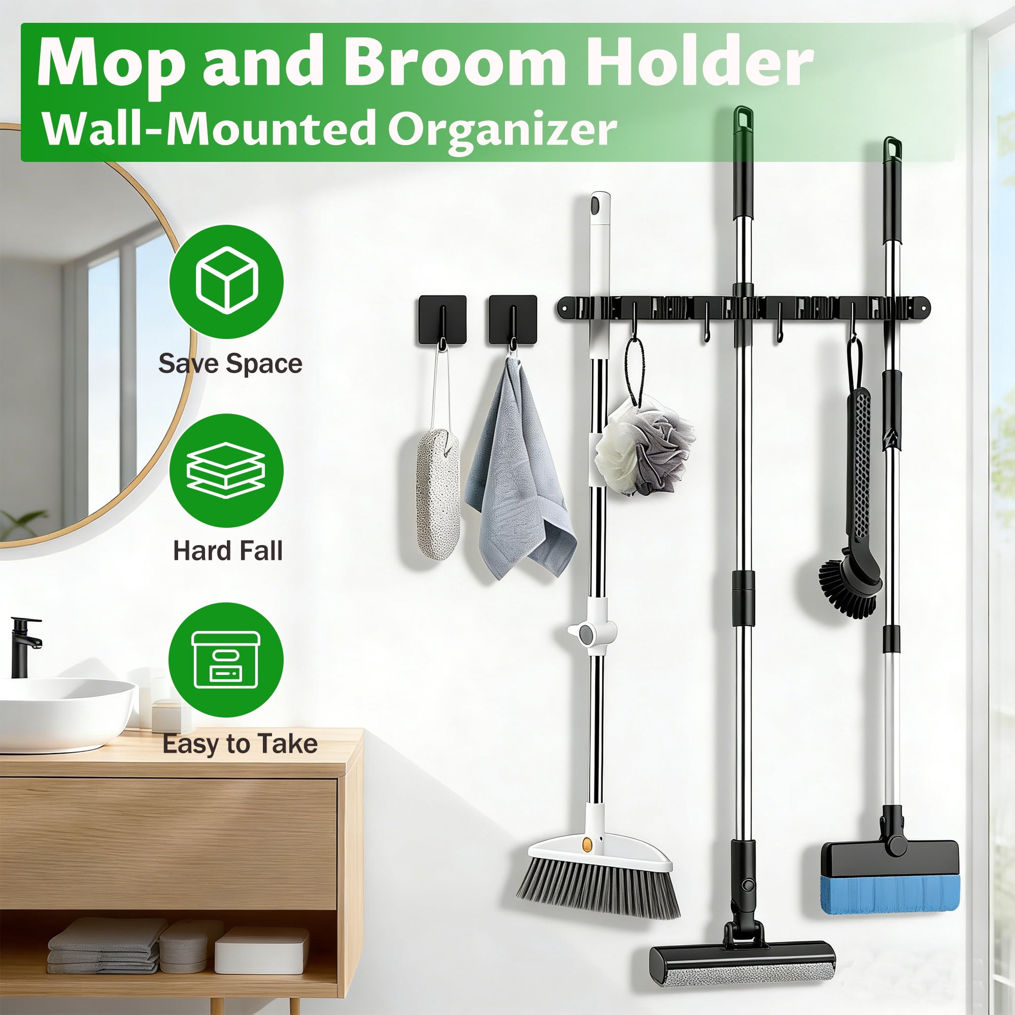 Wall Mount Mop and Broom Holder, 5 Racks 4 Hooks Heavy Duty Metal Cleaning Tool Organizer, Adhesive & Drillable Broom Mop Storage Rack for Laundry Bathroom Garage