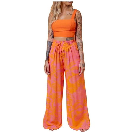 

Dadaria 2 Piece Outfits for Women Pants Sets Dressy Wedding Print Sleeveless Strapless Pullover Tops + Pants Trousers Set Orange XL Female