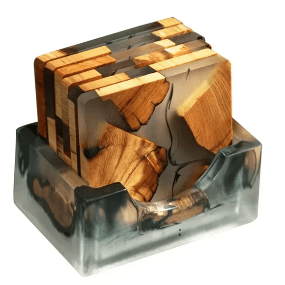 Wood Coasters Set with Epoxy Resin - Modern Coasters with Holder for Drinks, Includes 6 Coasters and Holder