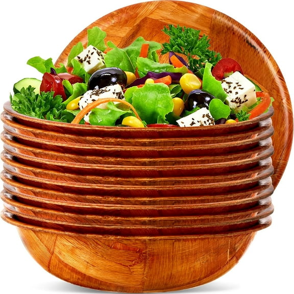 12 Pieces Wooden Salad Bowl Set for Lunch Stackable Wooden Woven Bowl Round Serving Dishes for Kitchen Fruit Vegetable Salad Snack, 6 Inch