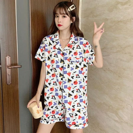 

CoCopeaunt Print Women Pajamas Sets Summer Short Sleeve Cartoon Sleepwear Pink Pijama Mujer Female Nightsuit Cat Moon