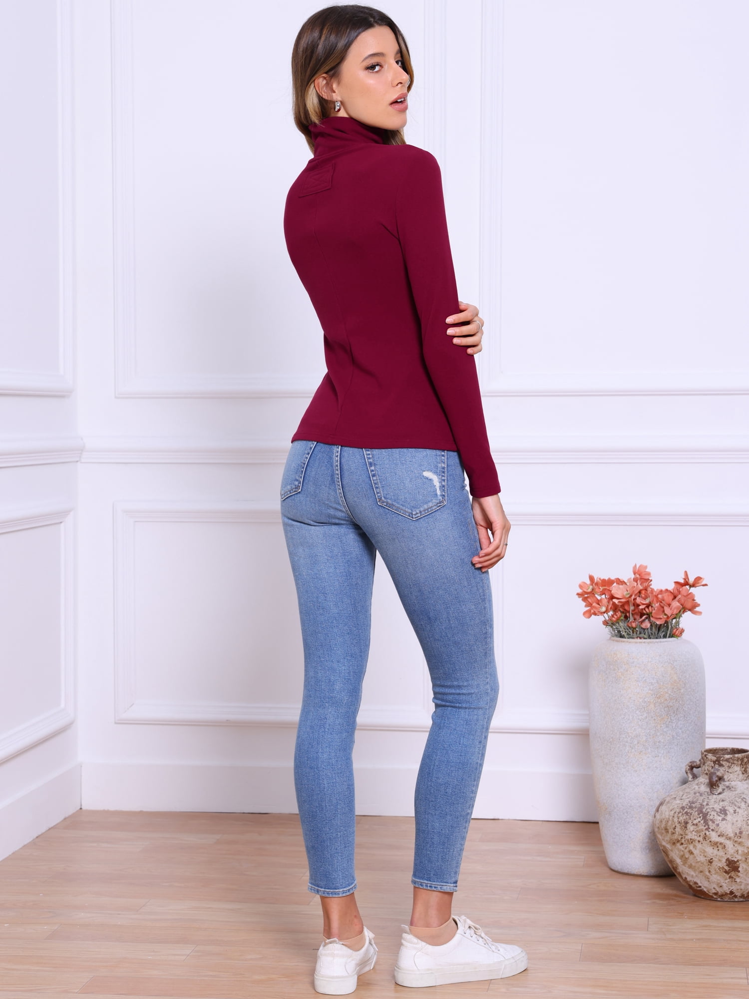 DARING DIVA Women's Mock Turtleneck Long Sleeve Fitted Pullover Sweater L Wine Red