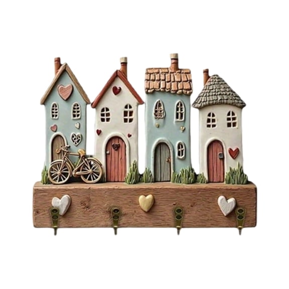 Rustic Wooden Key Holder Wall Rack 4 Pastel Cottage Houses Bike Heart Ornaments 4 Metal Hooks Farm Entryway Storage Decor
