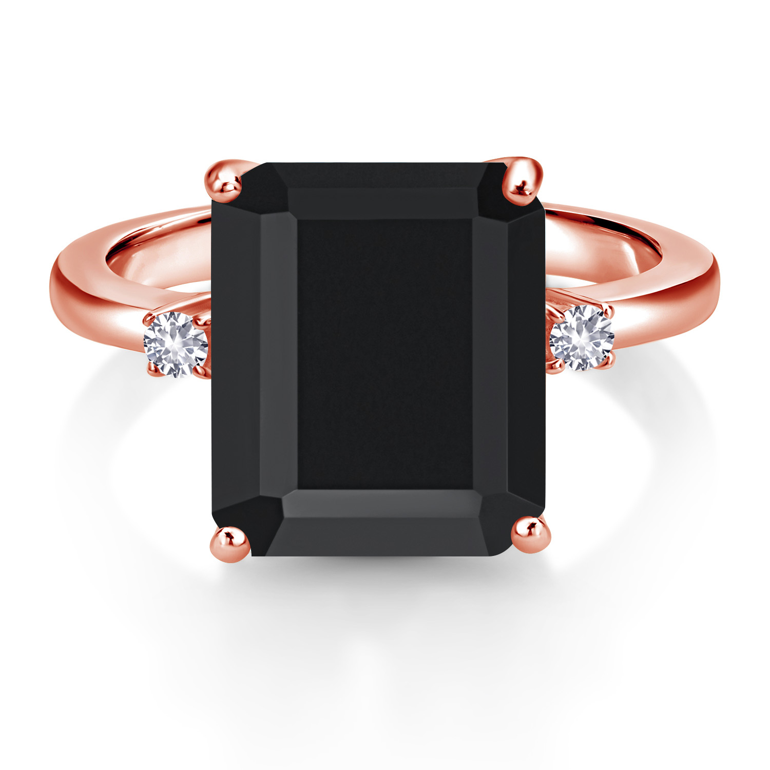 Gem Stone King 18K Rose Gold Plated Silver 12X10MM Black Onyx and 2MM White Created Sapphire 3 Stone Engagement Ring for Women | 5.85 Cttw | Gemstone December Birthstone | Size 9