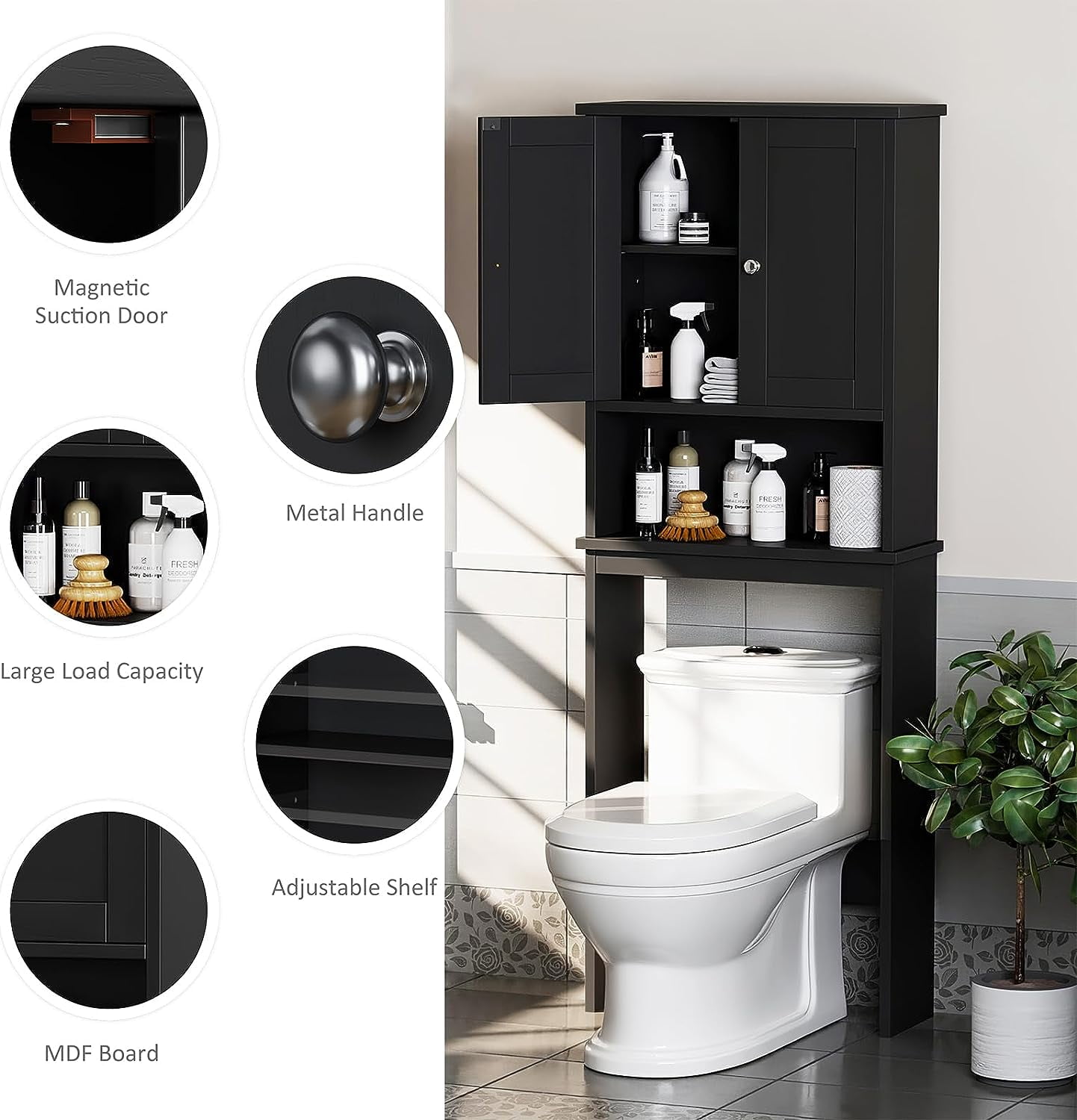 Sobaniilo Over The Toilet Storage Cabinet, Bathroom Storage Organizer Over Toilet, Space Saver W/Adjustable Shelf & Open Storage Shelf, Black