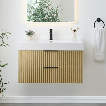 Livia 36" Wall-mounted Wood Vanity in Nature Brown Artificial Sink no Mirror