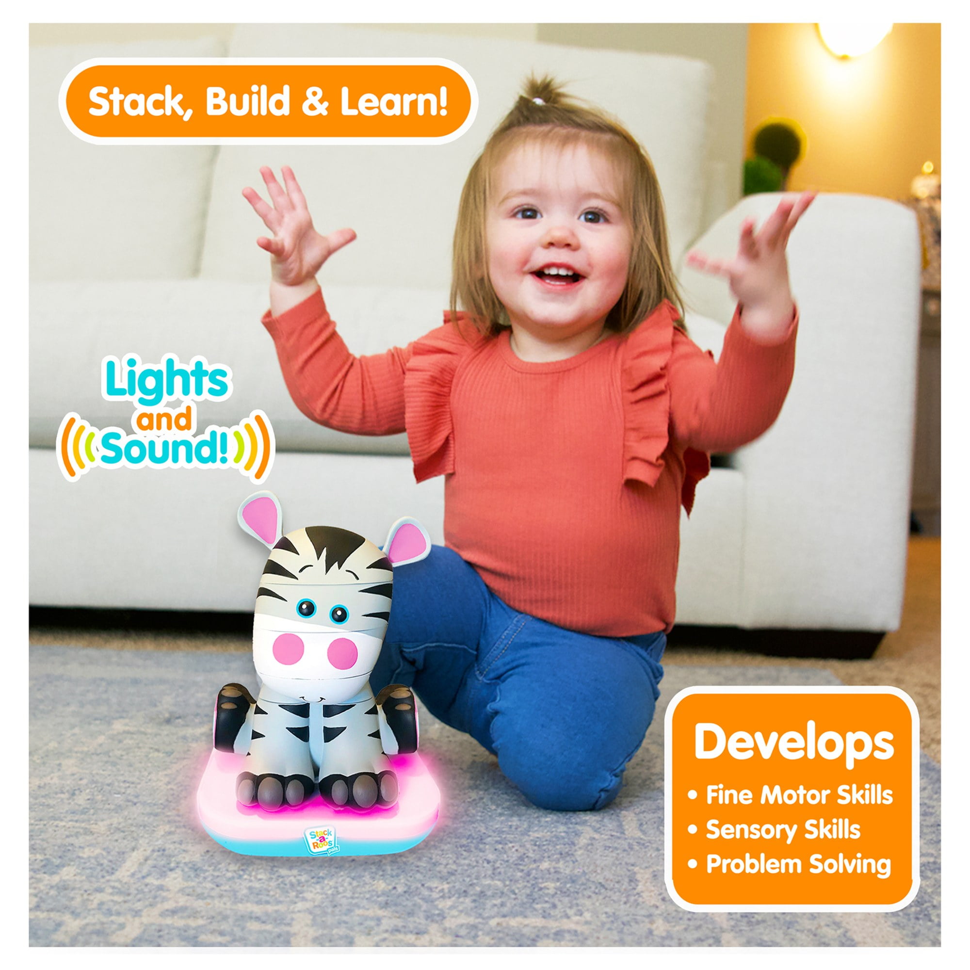 Stack-a-Roos Pals: Baby Zebra - Lights & Sounds, Kids Ages 12+ Months, 5 Piece Stacking Animal Tower, Counting & Stacking, Toy