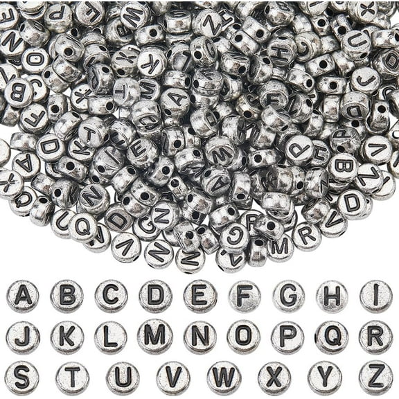 1500 Pcs Silver Letter Bead Bulk Flat Round Alphabet Beads 4x7mm Acrylic Small A-Z Black Letters Spacer Craft Beads