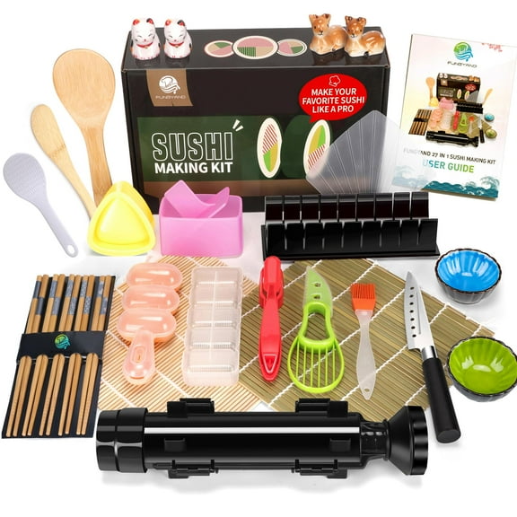 Sushi Making Kit Professional 27-in-1 Set with Bazooka Roller Nigiri Musubi Press Bamboo Mats Knife Ceramic Dishes Chopsticks for Beginners Home Chefs, Black