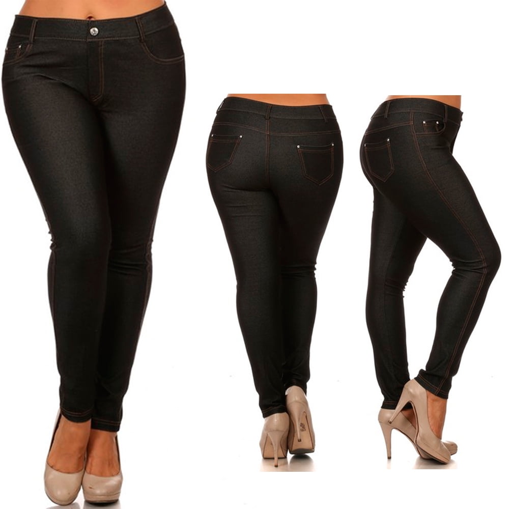 New Women's Plus Size Stretchy Denim Look Zip Skinny Jeggings Leggings 8-26 