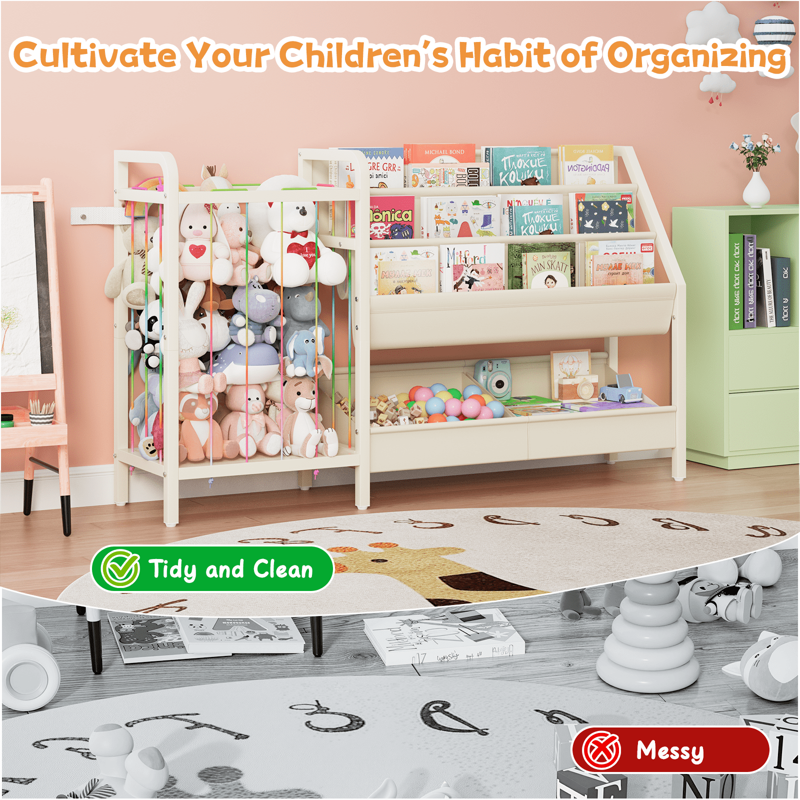 B5 Bookshelf and Toy Storage, Book Shelf for Kids Rooms, Sling Toddler Book Shelves with Stuffed Animal Storage, Montessori Baby Bookcase for Nursery, Bedroom, Playroom, White