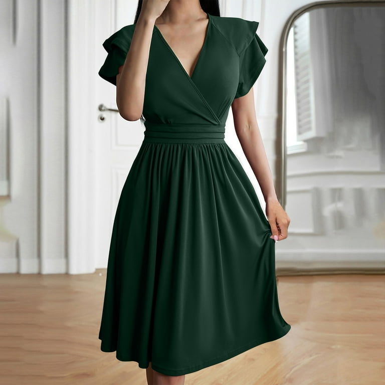Women's 2024 Summer Dress V Neck Short Sleeve Dresses Elegant Solid Tie  Waist Party Mini Dress on Clearance - Walmart.com