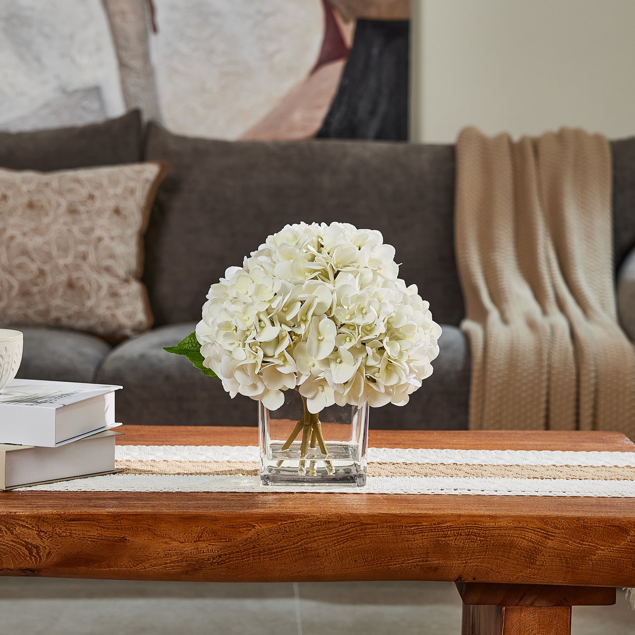 DR.Planzen 12in Artificial Hydrangea Flowers with Glass Vase, Hydrangea Artificial Flowers White Faux Hydrangea Arrangement - 90 Blooms Full Hydrangea Centerpiece for Home Table Wedding Decor Indoor