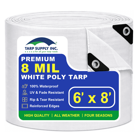 TARP SUPPLY Inc. 6 x 8 White Poly Tarp &ndash; 8 Mil Waterproof Tarpaulin with UV Protection | Aluminum Grommets & Reinforced Edges | for Party Tents Boat Covers RVs Farm Use & Outdoor Shelter
