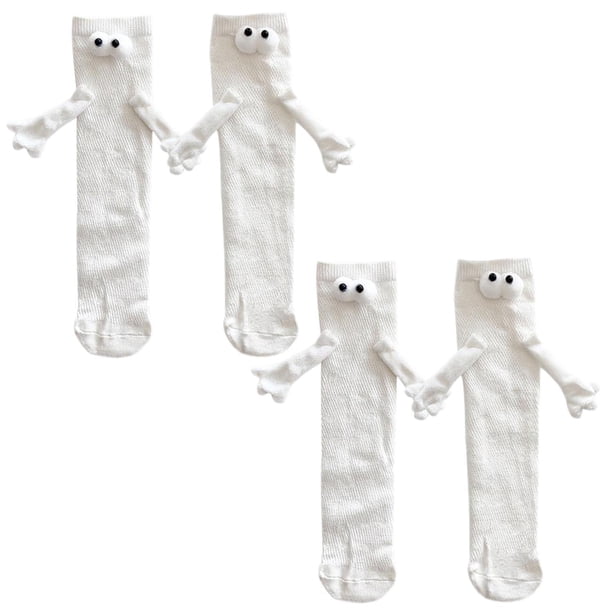 Par de Manitas y Ojitos 3D MagSoxWhite 2Pares Blanco 5-9.5US Animados Calcetines Tubo Medio Magnéticos Poliéster.
