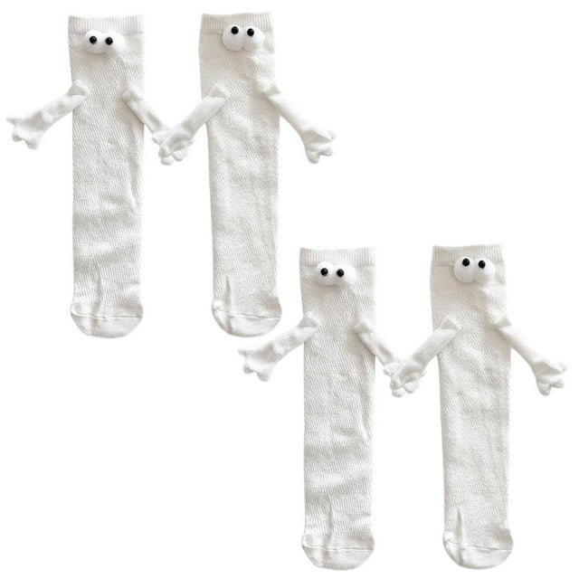 Par de Manitas y Ojitos 3D MagSoxWhite 2Pares Blanco 5-9.5US Animados Calcetines Tubo Medio Magnéticos Poliéster.