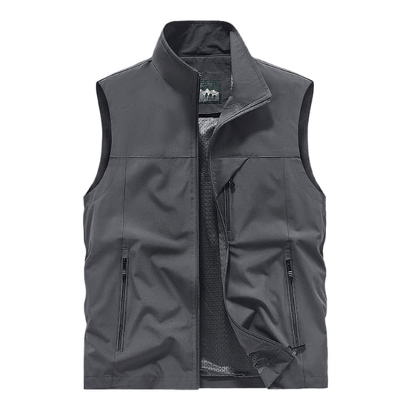 MEZZALL Men Summer Vest Casual Stand Up Collar Pocket Workwear Jacket For Outdoor Photography Zipper Solid Color Sleeveless Hiking Jacket Tops Fashion Outerwear