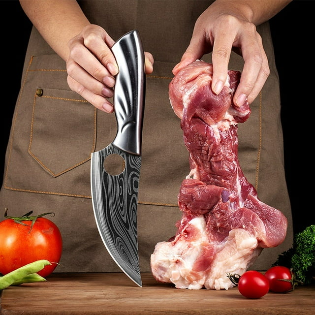 Professional Chef's Damascus Pattern Stainless Steel Boning Knife - 25.5cm Sharp 60° Tip Blade, Ergonomic Curved Handle for Butchering, Meat Cutting & Kitchen Tasks, Includes Leather Sheath & Color