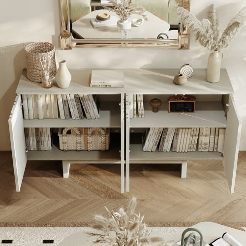 63" Wood Grain Sideboard with Leaf-Patterned Doors, 4-Door Adjustable Storage Cabinet, MDF Buffet TV Stand for Living Room & Dining Room, Creamy White