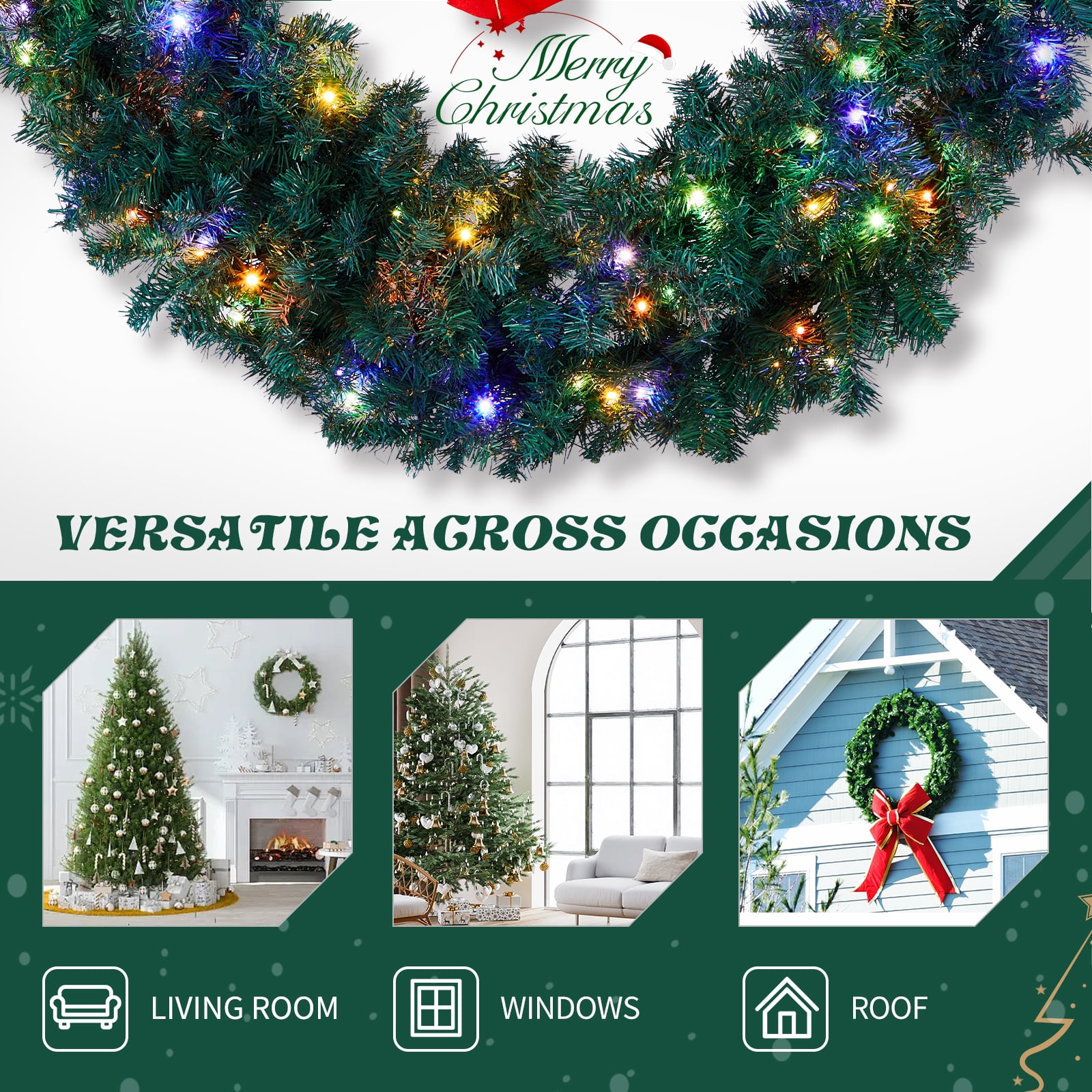 46in Pre-lit Christmas Wreath, Lighted Artificial Xmas Wreath with 150 Warm & Multi-color Lights and 450 PVC Tips, Remote Control Stepless Dimming, for Front Door Gate Wall Xmas Party Decorations