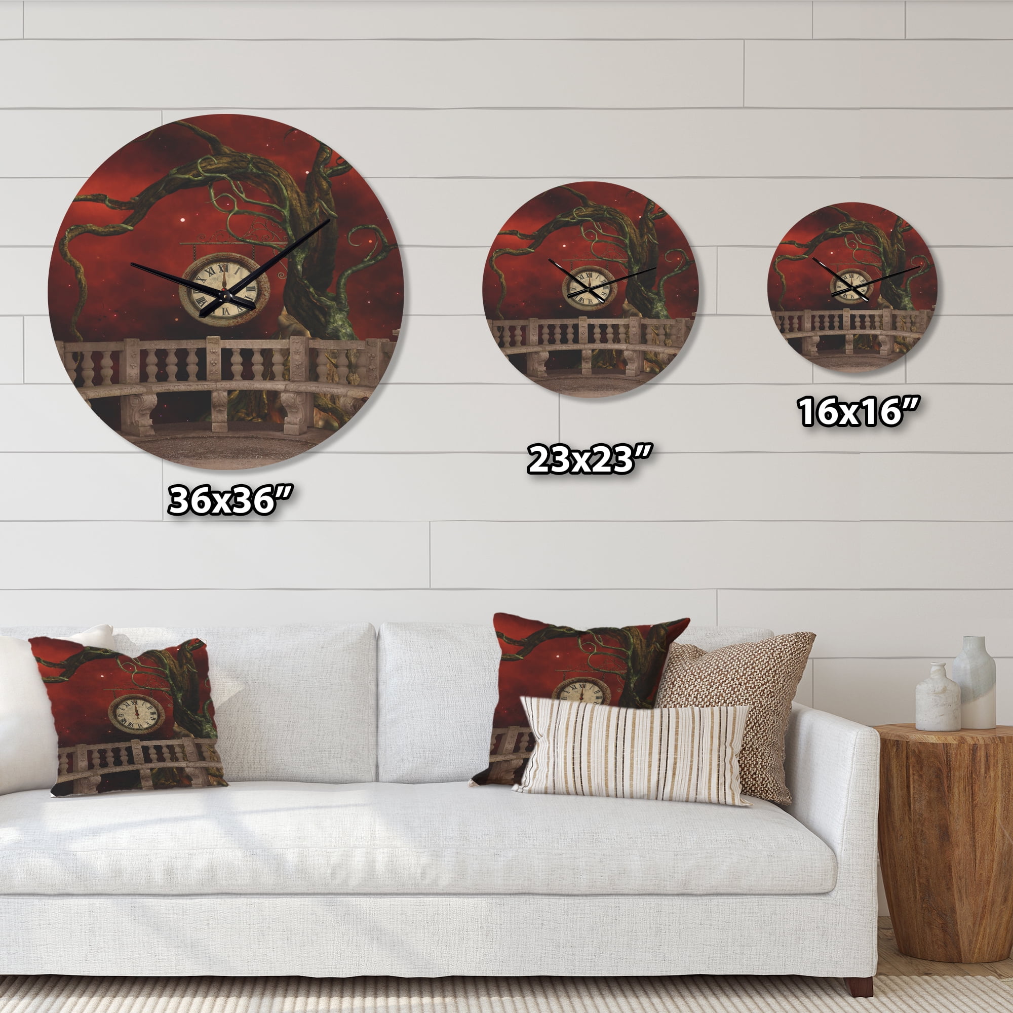 Designart 'Tree Angels and Balcony with Clock' Vintage Wood Wall Clock