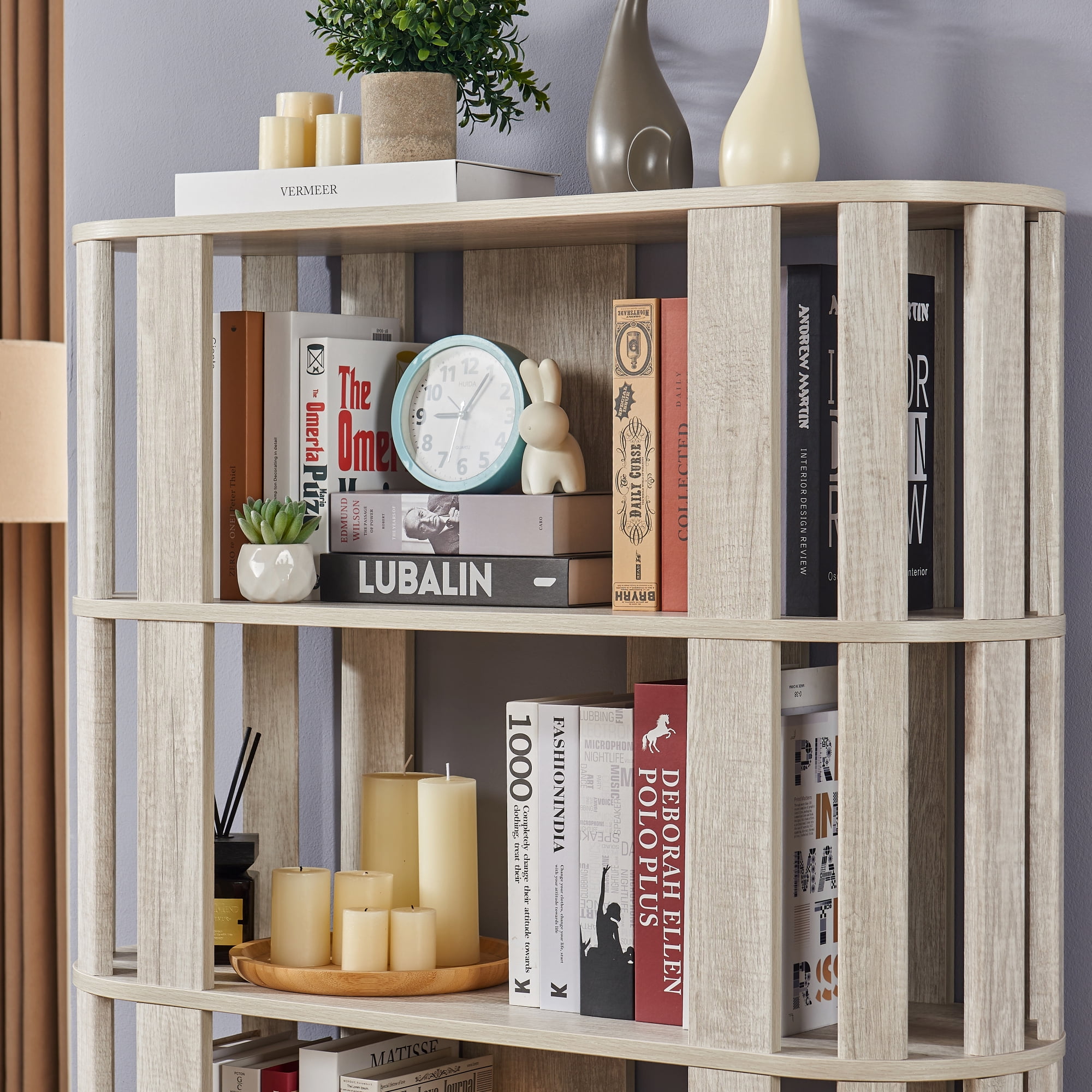 Leumius Wooden Oval Open Bookshelf, 5-Tier Freestanding Bookcases,Easy Assembly DIY Free Combination Storage Cabinet Storage Display Rack for Living Room Home Office Decor,Light Gray