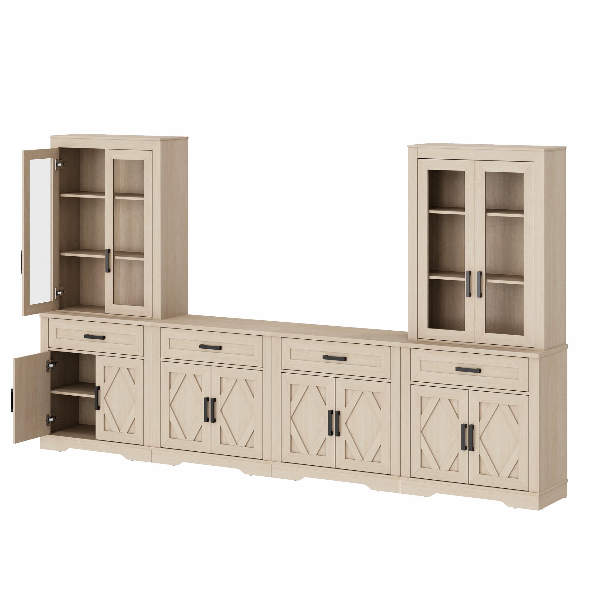 WAMPAT Farmhouse Entertainment Center with Bookshelf for TVs up to 70",Mid Century Modern TV Stand with 73"H Tall 5-Tier Bookcase with Open Storage and Barn Doors for Living Room,Bedroom,Beige